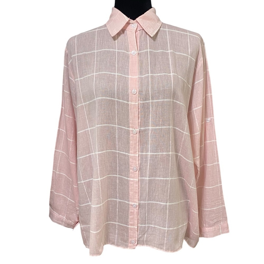 Adora Pink White Striped Sheer Button Shirt Roll Tab Sleeves Medium